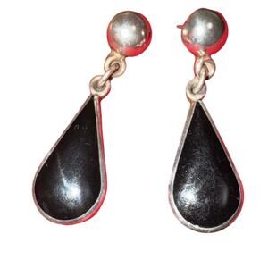 Handcrafted Mexican Vintage 925 Sterling Silver Black Onyx Dangle Earrings